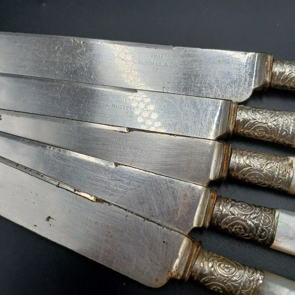 1834 J Russell & Co Knife 5pcs Silverplate Ferrule Blunt End MOP Antique Pearl